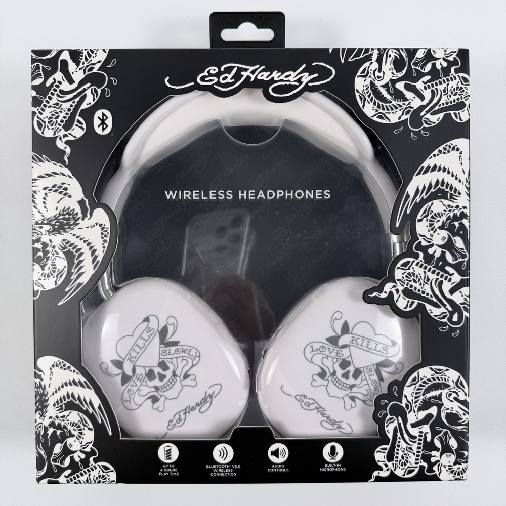Ed Hardy Wireless Bluetooth Headphones White Love Kills Slowly Skull NIB